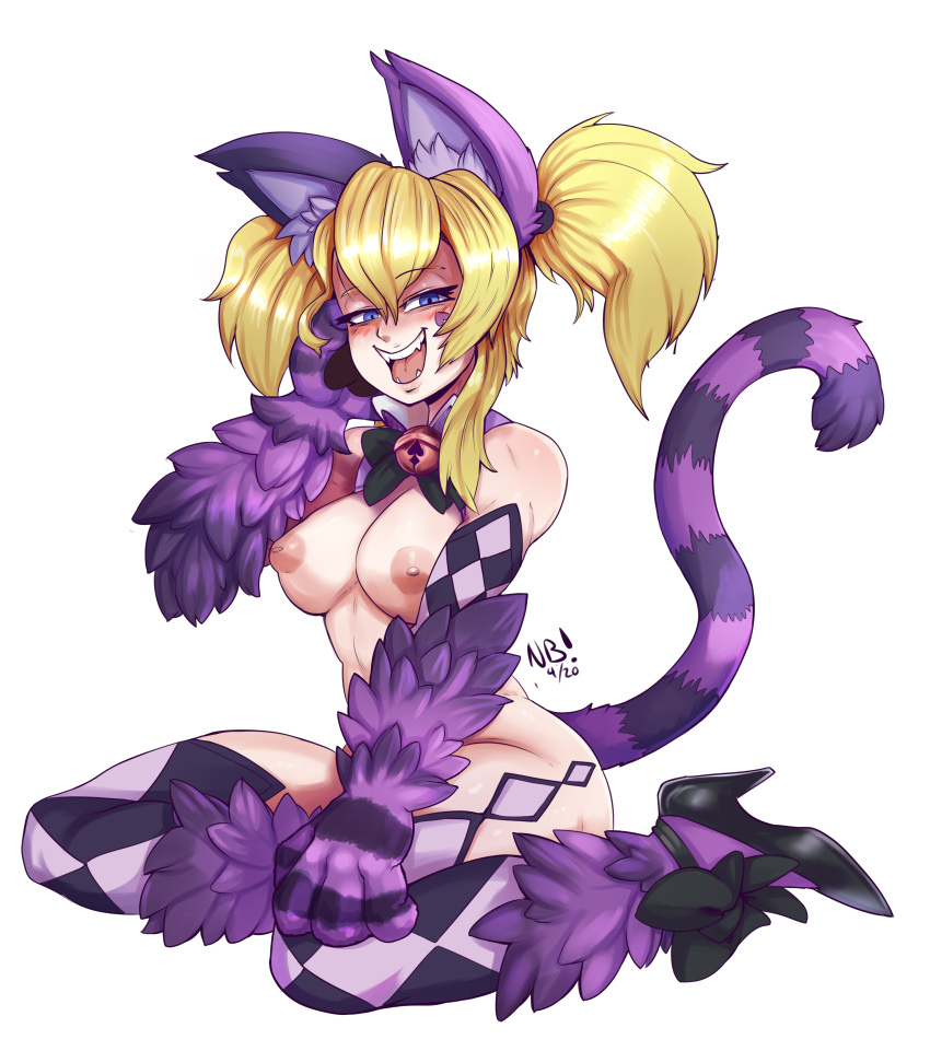 animal_hands animal_legs bell_collar blonde_hair blue_eyes cat_ears cheshire_cat_(monster_girl_encyclopedia) female kneeling monster_girl monster_girl_encyclopedia nerdbayne open_mouth solo solo_female tail thighhighs