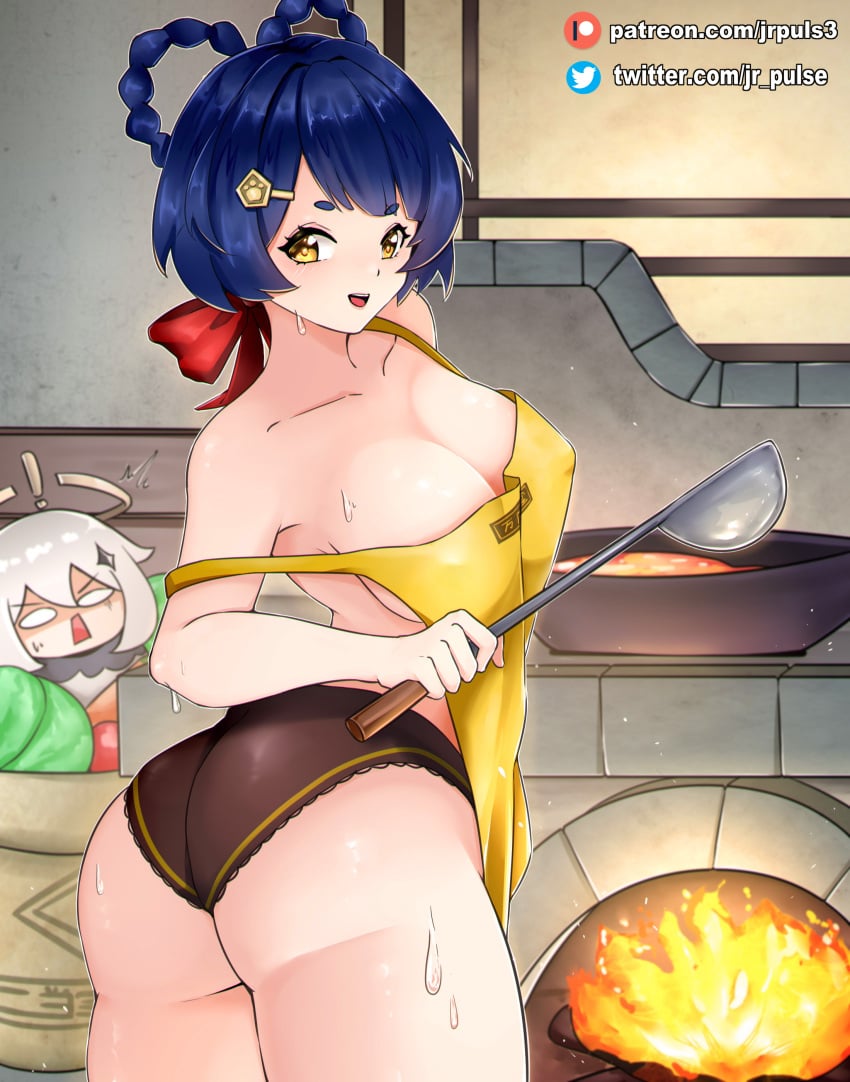 2girls apron ass big_ass big_breasts big_butt blue_hair bodily_fluids breasts busty cleavage cooking female female_only genshin_impact jrpuls3 looking_at_viewer multiple_girls no_panties paimon_(genshin_impact) sweat sweatdrop thick_thighs thighs voluptuous_female xiangling_(genshin_impact) yellow_eyes