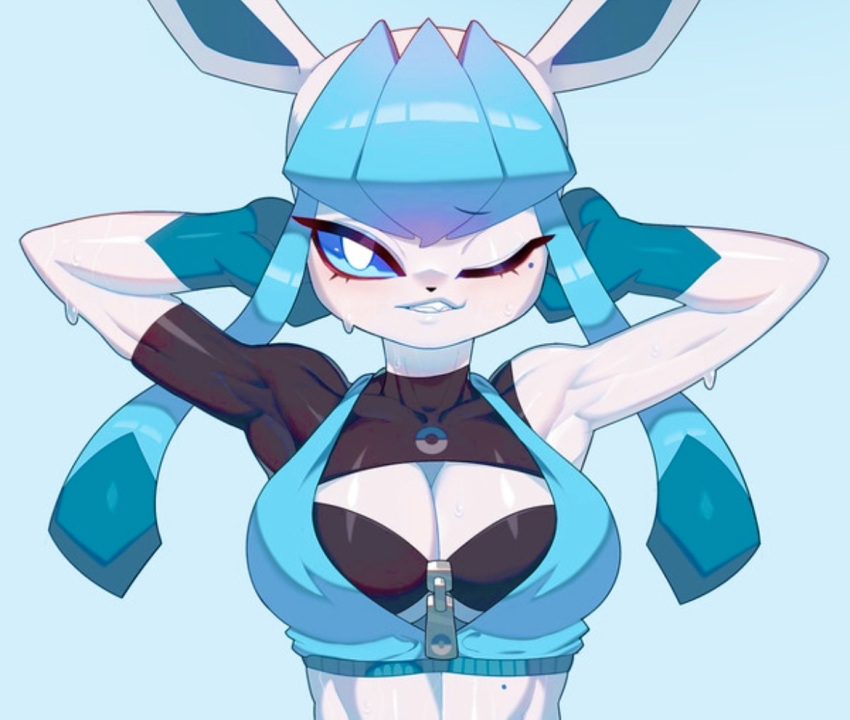 anthro bare_shoulders bare_stomach beauty_mark blue_background blue_eyes blue_hair blue_theme blush cleavage drunkoak eeveelution female female_focus female_only glaceon jacket large_breasts latex long_eyelashes nintendo one_eye_closed pokémon_(species) pokemon pokemon_(species) sweat toned toned_female