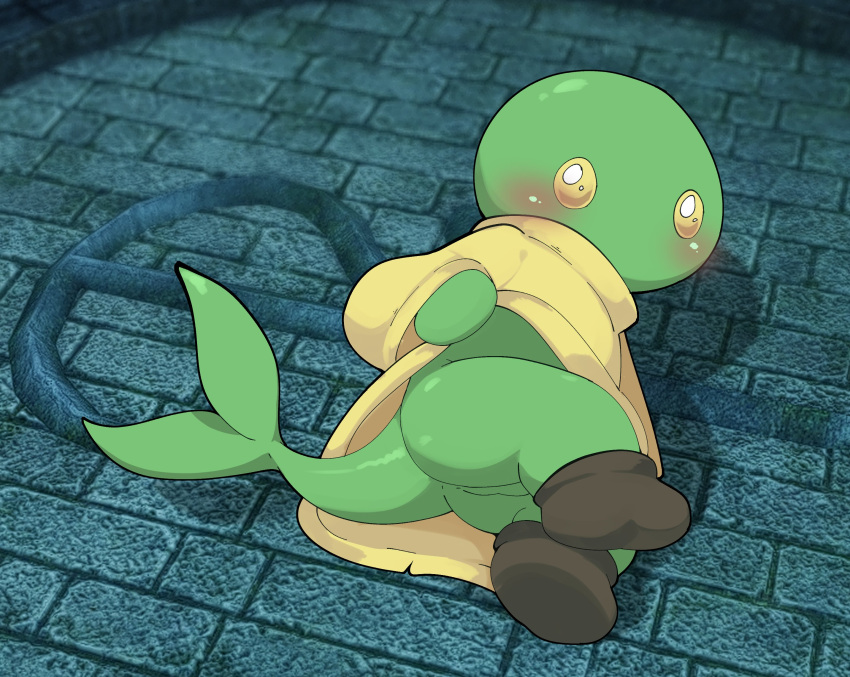 anthro anus ass balls barely_visible_balls barely_visible_genitalia blush clothed clothing commando detailed_background dolphin_tail footwear genitals green_body green_skin hi_res looking_up_at_viewer lying male on_side partially_clothed perineum robe robe_lift shoes smite_(artist) solo tail tonberry yellow_eyes