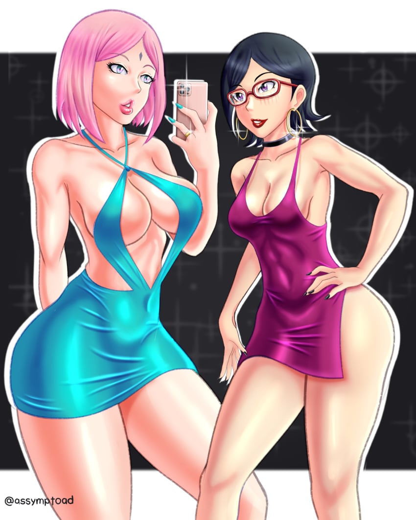 2girls adult age_difference assymptoad bare_legs bare_shoulders boruto:_naruto_next_generations breasts busty camera_flash cellphone center_opening cleavage dress eyewear female female_only french_nails fully_clothed glasses holding_cellphone holding_object hoop_earrings lipstick long_fingernails long_nails makeup milf minidress mother_and_daughter multiple_girls nail_polish naruto naruto_(series) no_bra older_female painted_fingernails painted_nails revealing_clothes revealing_dress ring sakura_haruno sarada_uchiha selfie skimpy skimpy_clothes taking_picture teenager wide_hips younger_female