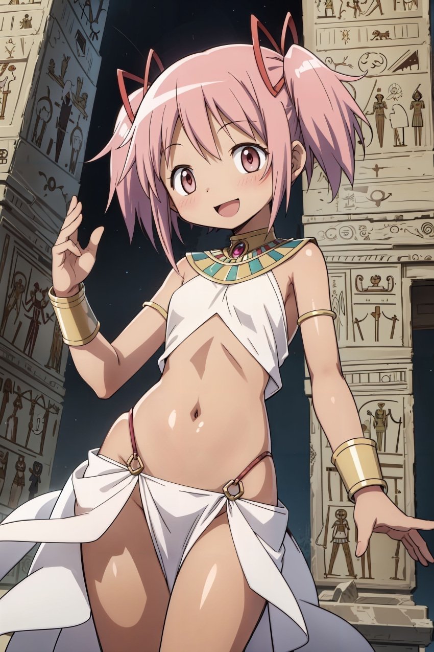 ai_generated belly_button bracelet bracelets cosplay egyptian egyptian_clothes egyptian_female female female_focus female_only gold_bracelet goodmorningmado hair_ribbon looking_at_viewer madoka_kaname magical_girl mahou_shoujo_madoka_magica pink_eyes pink_hair puella_magi_madoka_magica red_ribbon ribbon ribbons solo solo_female solo_focus tan tan_body tan_skin twintails young