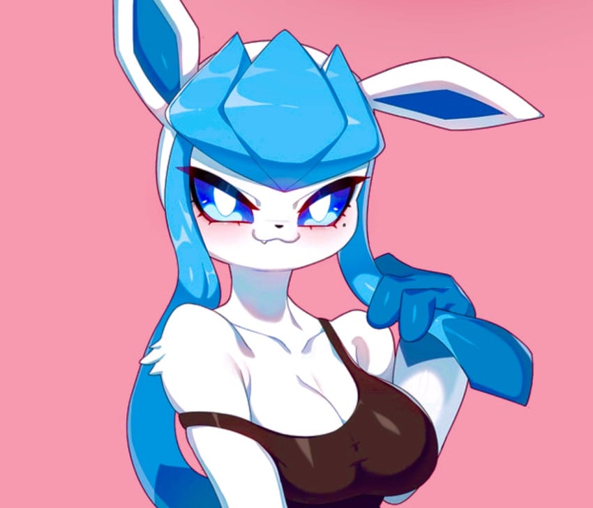 bare_shoulders beauty_mark blue_eyes blue_hair blush cleavage drunkoak eeveelution female female_focus female_only glaceon large_breasts nintendo pink_background pokémon_(species) pokemon pokemon_(species) tank_top toned toned_female