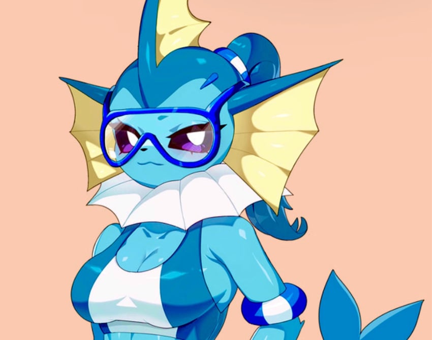 1girls big_breasts blue_hair cleavage drunkoak eyewear female female_only fish fish_girl goggles latex long_eyelashes nintendo pink_background pokémon_(species) pokemon purple_eyes shiny_skin smile solo swimming_goggles swimsuit tail vaporeon