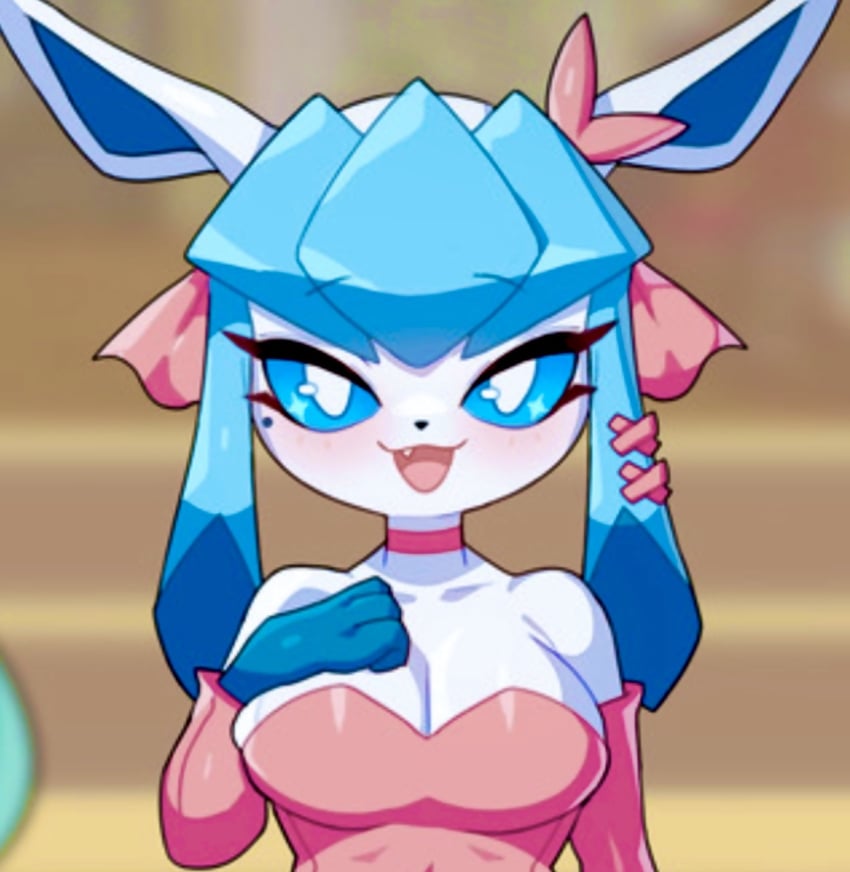 bare_shoulders beauty_mark blue_eyes blue_hair blush bow choker cleavage detailed_background dress drunkoak eeveelution female female_focus female_only glaceon hand_on_breast large_breasts long_eyelashes nintendo pink_dress pokémon_(species) pokemon pokemon_(species) toned toned_female