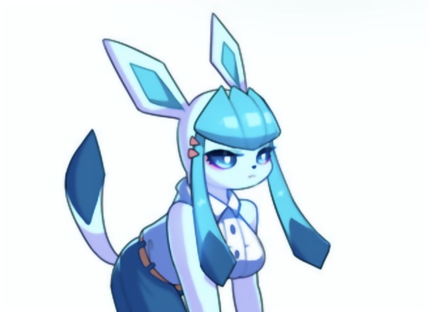 bare_shoulders beauty_mark blue_eyes blue_hair blush button_down_shirt cleavage drunkoak eeveelution female female_focus female_only glaceon large_breasts nintendo pokémon_(species) pokemon pokemon_(species) tail toned toned_female white_background