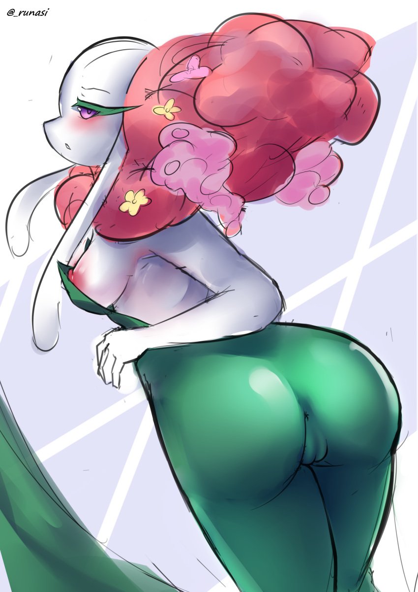 absurd_res ass big_butt blush breasts female florges generation_6_pokemon genitals green_body hi_res humanoid nintendo pokémon_(species) pokemon pokemon_(species) pokemorph pussy red_eyes runa_(artist) solo thick_thighs video_games white_body