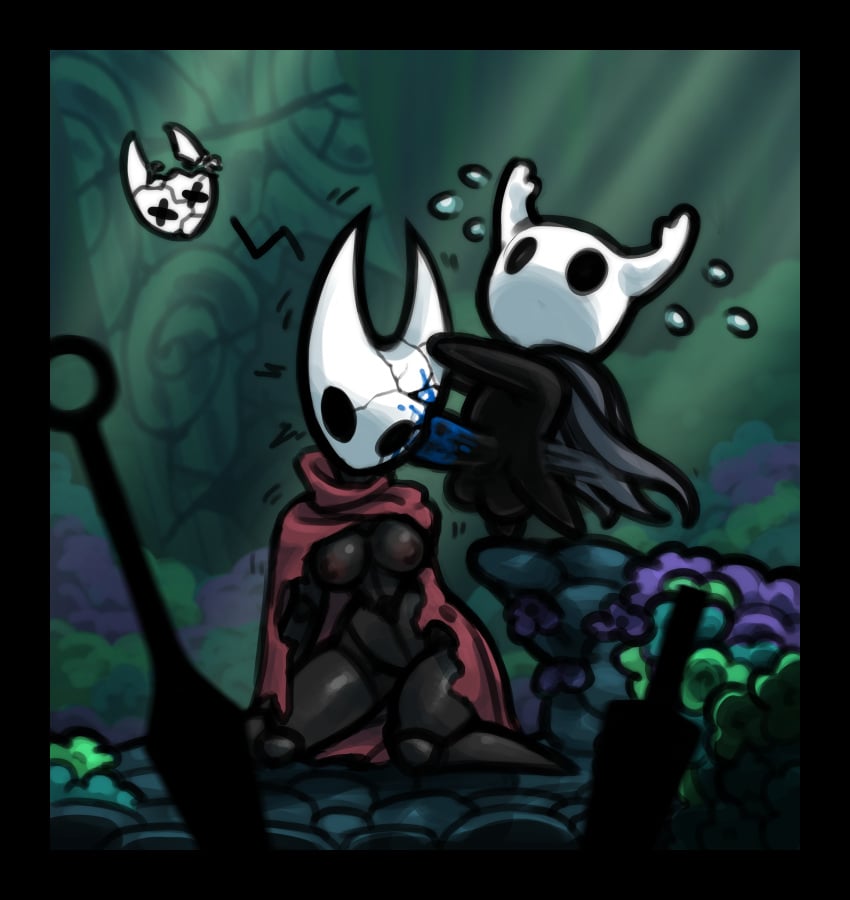 blood blue_blood breasts breasts_out cape cloak cracked_skull dead death ear_fuck female_death gore guro gurochanop hands_on_head hollow_knight hornet_(hollow_knight) larger_female motion_lines necrophilia partially_clothed protagonist_(hollow_knight) red_cape size_difference skull_fucking snuff sweat sweatdrop