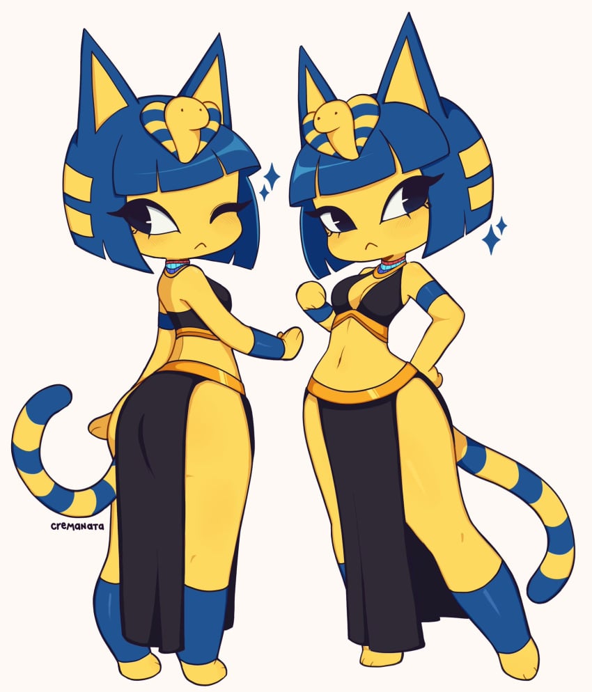 1girls 2022 :< animal_crossing ankha anthro ass blue_fur blue_hair breasts cat_ears cat_tail cleavage clothing cremanata dress egyptian feline female fur furry furry_only looking_at_viewer looking_back nintendo short_hair solo sparkles tail white_background wink yellow_fur