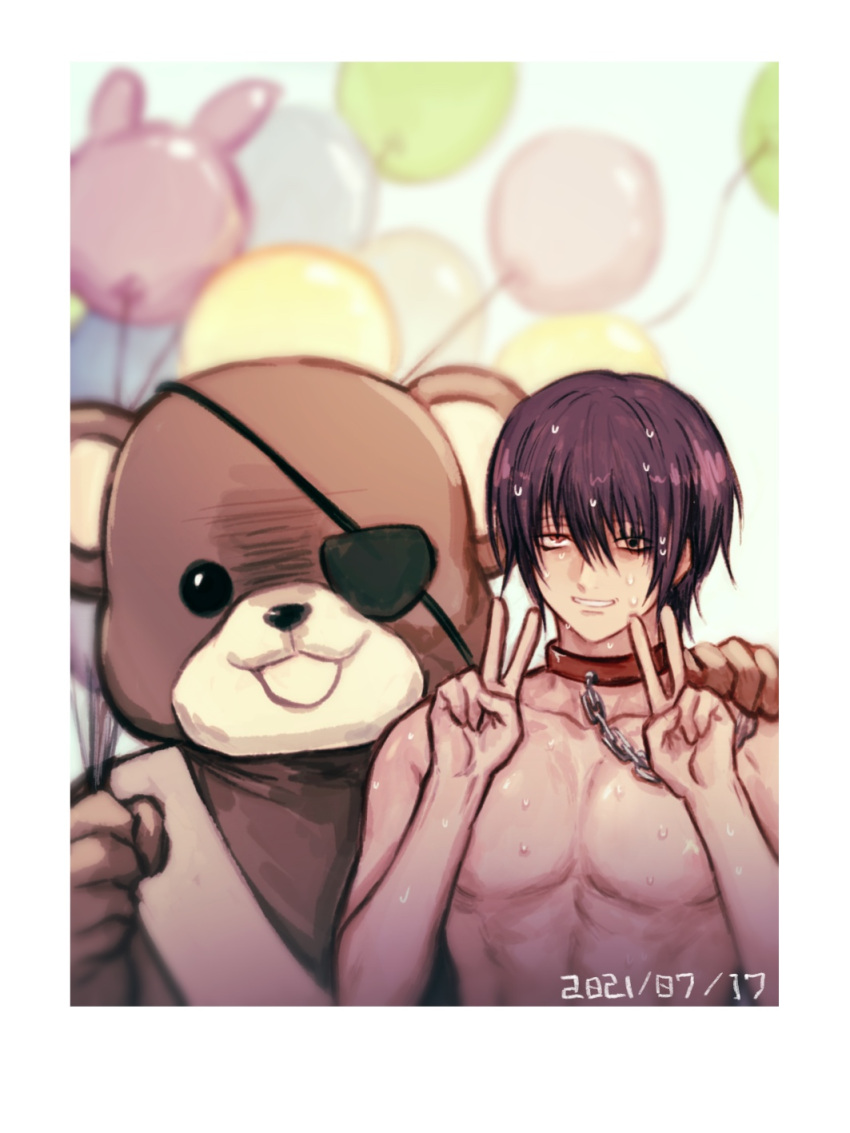 2boys balloons chain_leash chains collar costume dark_hair deng_810 double_v face_writing facepaint gintama gintoki_sakata hair_over_one_eye leash looking_at_viewer male male_only mascot official_alternate_costume one_eye_closed pecs photo_(object) purple_hair slave_collar smile solo_focus sweat takasugi_shinsuke teddy_bear toned toned_male topless topless_male upper_body v wet_hair wet_skin wig