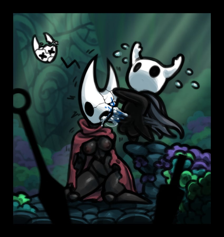 blood blue_blood breasts breasts_out cape cloak cracked_skull cum cum_in_ear cum_in_eye cum_inside dead death ear_fuck female_death gore guro gurochanop hands_on_head hollow_knight hornet_(hollow_knight) larger_female motion_lines necrophilia partially_clothed protagonist_(hollow_knight) red_cape size_difference skull_fucking snuff sweat sweatdrop