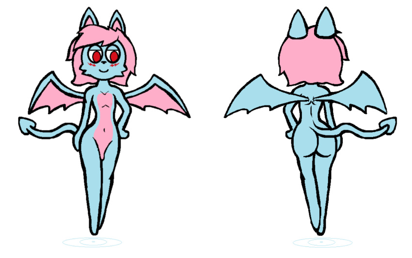 ass bat blue_body femboy flaccid girly looking_at_viewer male mammal model_sheet nude okami23_(artist) penis pink_hair pose rear_view red_eyes tail terry_bat wings