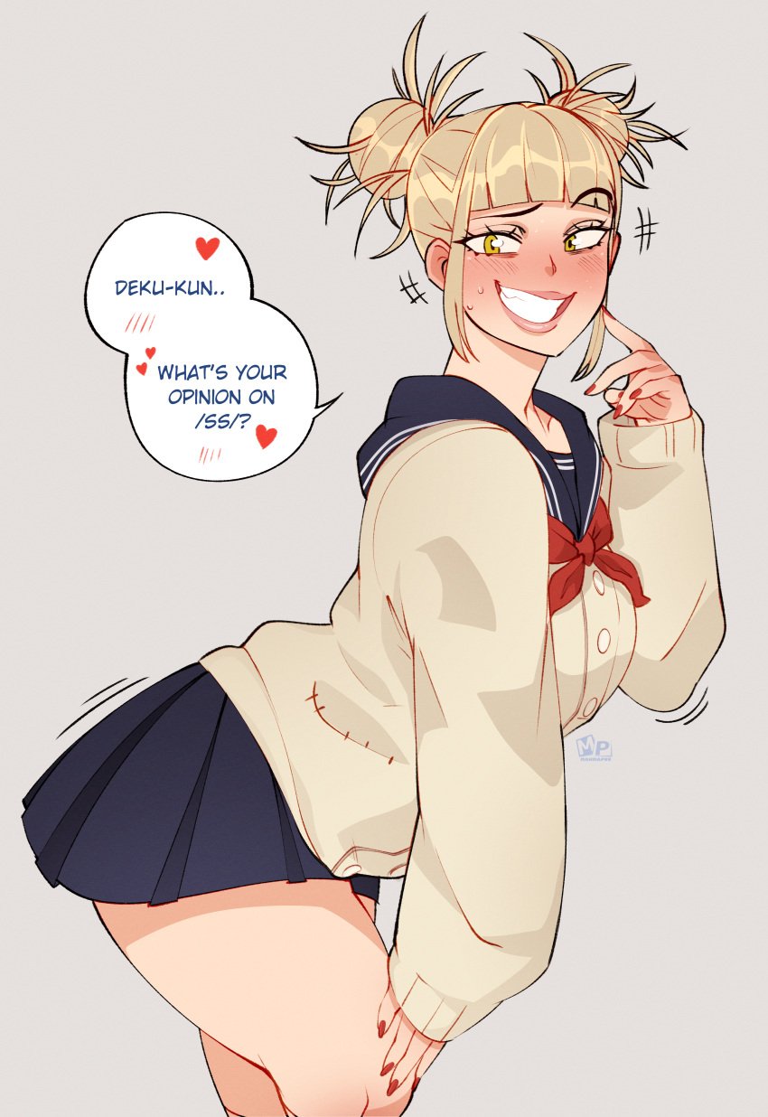 1girls bent_over blonde_hair blush english_text female heart himiko_toga mahmapuu my_hero_academia name_drop school_uniform skirt solo sweatdrop text_bubble yellow_eyes