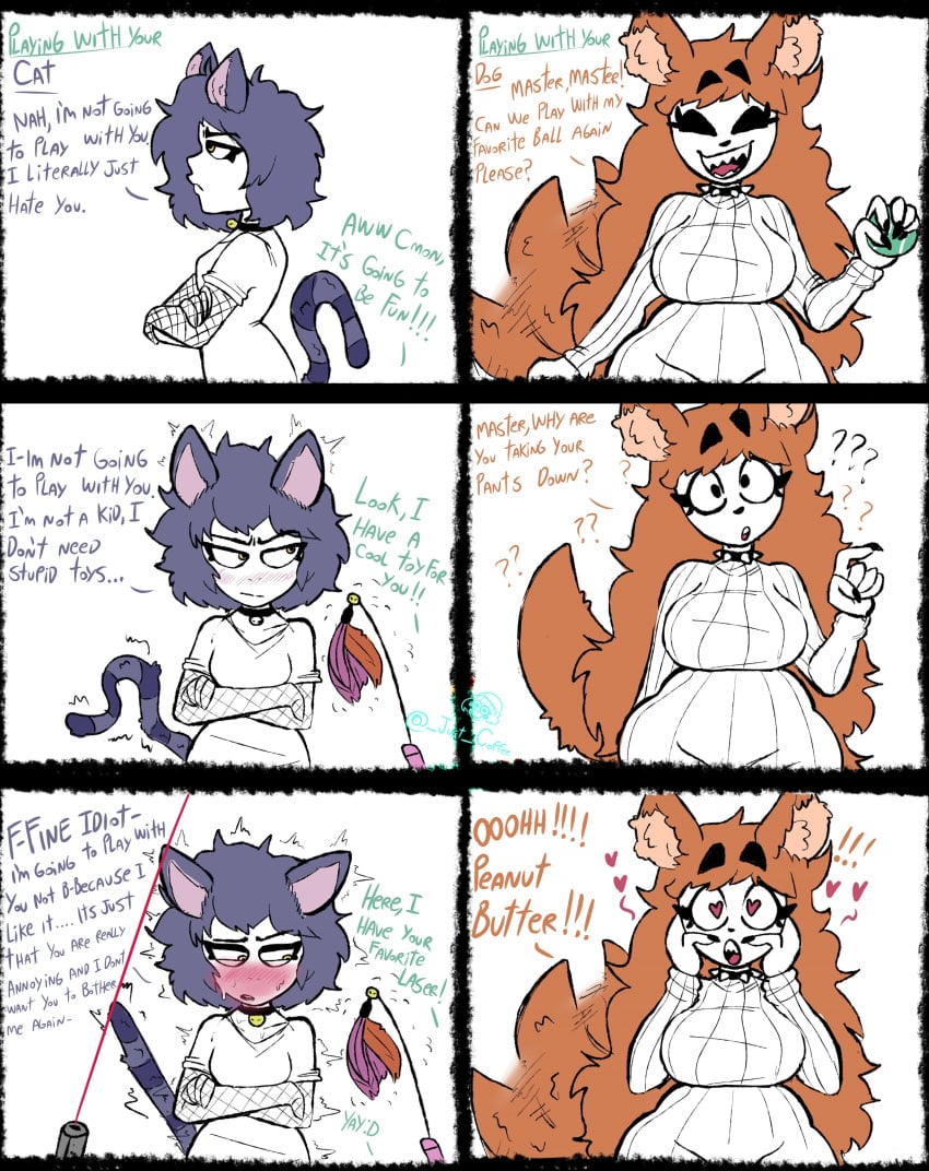 2girls big_breasts black_nails blue_hair blush canine cat_collar cat_ears cat_girl cat_humanoid cat_tail cat_toy catgirl collar comic cumlord cumlord_(artist) dog_collar dog_ears dog_girl dog_tail female female_focus female_only fluffy_ears fluffy_tails furry furry_tail heart-shaped_pupils just_coffee large_breasts laser laser_pointer long_fingernails long_hair oc orange_hair original_character original_characters peanut_butter pet playful playing sharp_fingernails sharp_nails sharp_teeth short_hair small_breasts smaller_female tail talking talking_to_another taller_female taller_girl tennis_ball text yellow_eyes