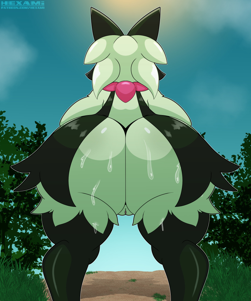 absurd_res anthro ass big_butt bodily_fluids bubble_butt day fat_butt female genitals green_body hexami hi_res meowscarada nintendo outside pokemon pokemon_(species) pokemon_sv pussy rear_view smooth_skin solo sweat sweaty sweaty_butt thick_thighs video_games