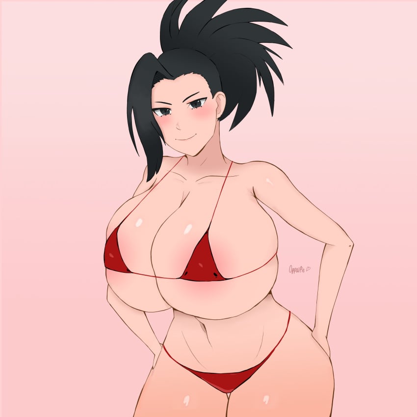 1girls bangs bikini black_eyes black_hair blush bra female hands_on_hips huge_breasts long_eyelashes looking_at_viewer momo_yaoyorozu my_hero_academia navel oppaipie panties pink_background ponytail red_bikini shiny_skin simple_background smile sole_female solo spiky_hair standing tied_hair