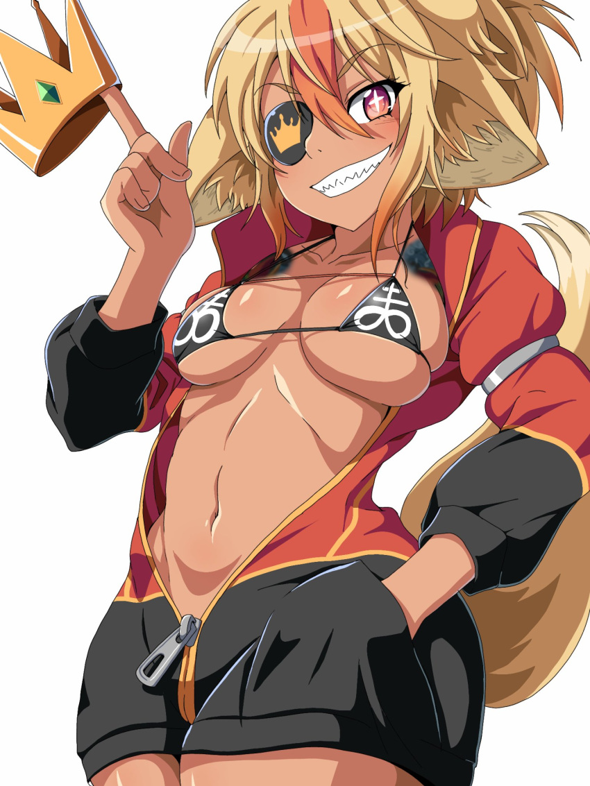 1girls animal_ears blonde_hair breasts confident covered_nipples crown dark-skinned_female dark_skin eyepatch female fluffy fluffy_ears fluffy_tail glowing glowing_eyes hair_between_eyes jackal looking_at_viewer medium_breasts orange_eyes original original_character original_characters ryohei_29 sharp_teeth simple_background standing tail teeth toned toned_female turbo_(artist) two_tone_hair unzipped unzipped_jacket white_background yellow_hair