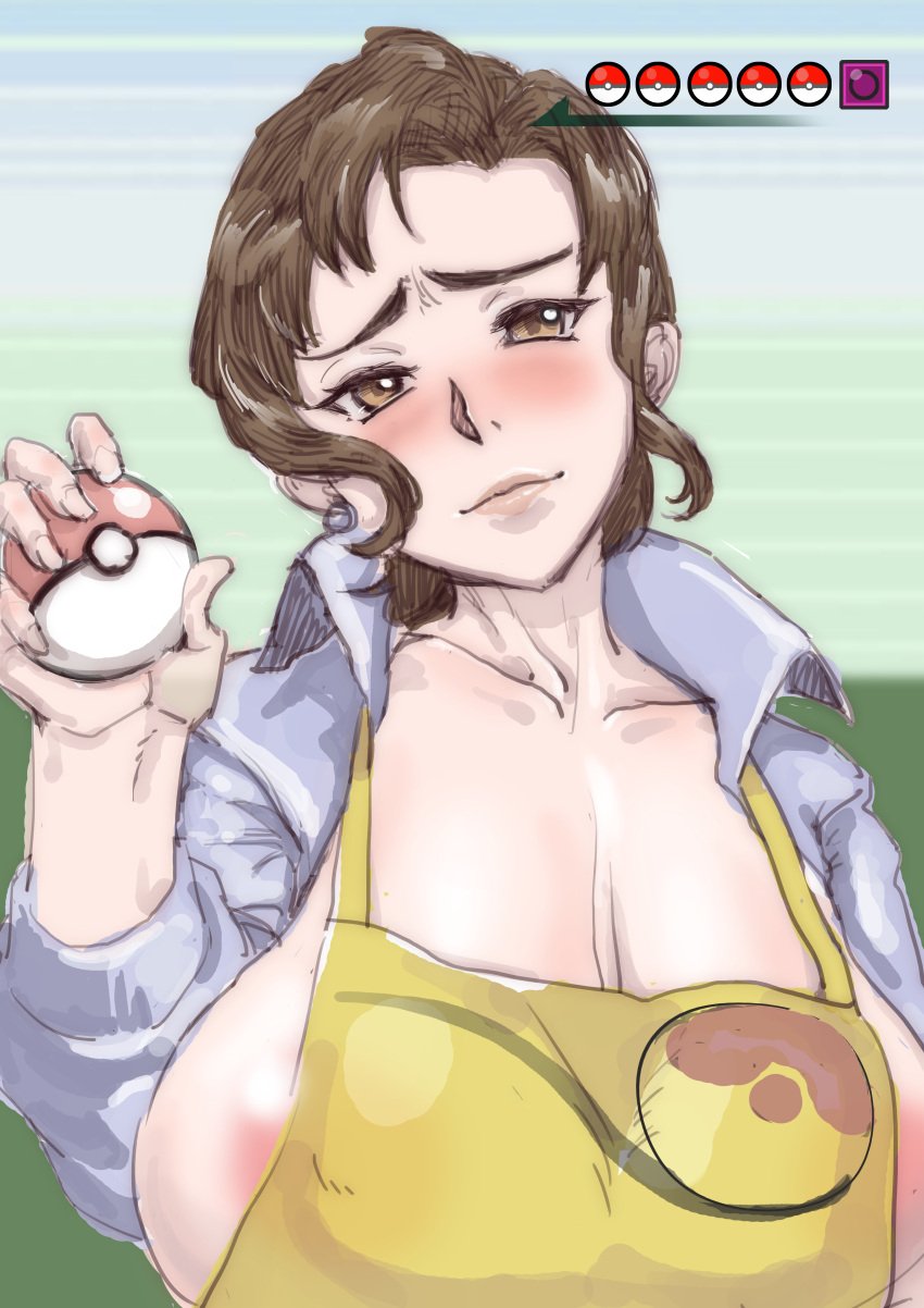 1girls apron apron_only areolae big_breasts blush breasts brown_eyes brown_hair cleavage condom earrings female female_only game_freak gameplay_mechanics hair holding_object huge_breasts kesheg lips looking_at_viewer mature mature_female mature_woman milf mother mother_(pokemon_sv) open_shirt pokeball pokemon pokemon_sv shirt solo solo_female thick_lips white_shirt yellow_apron