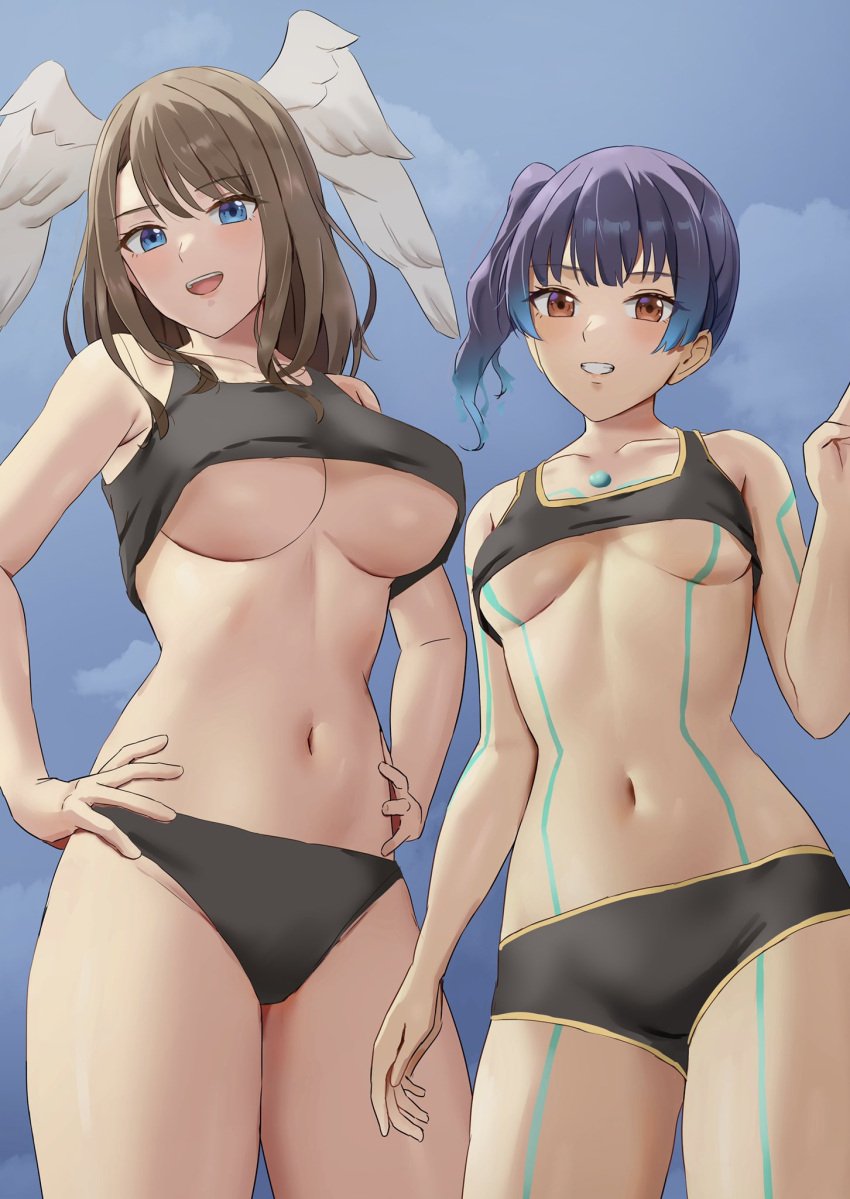 2girls absurd_res amayo_thranana bare_shoulders big_breasts black_hair blue_eyes blue_hair blush breasts brown_eyes brown_hair cleavage core_crystal crop_top eunie_(xenoblade) exposed_breasts exposed_torso female female_only highres hourglass_figure long_hair looking_at_viewer midriff multiple_girls ponytail sena_(xenoblade) short_hair skimpy skimpy_clothes small_breasts smiling straight_hair thick_thighs thighs thrananaart underboob underwear wings xenoblade_(series) xenoblade_chronicles_3