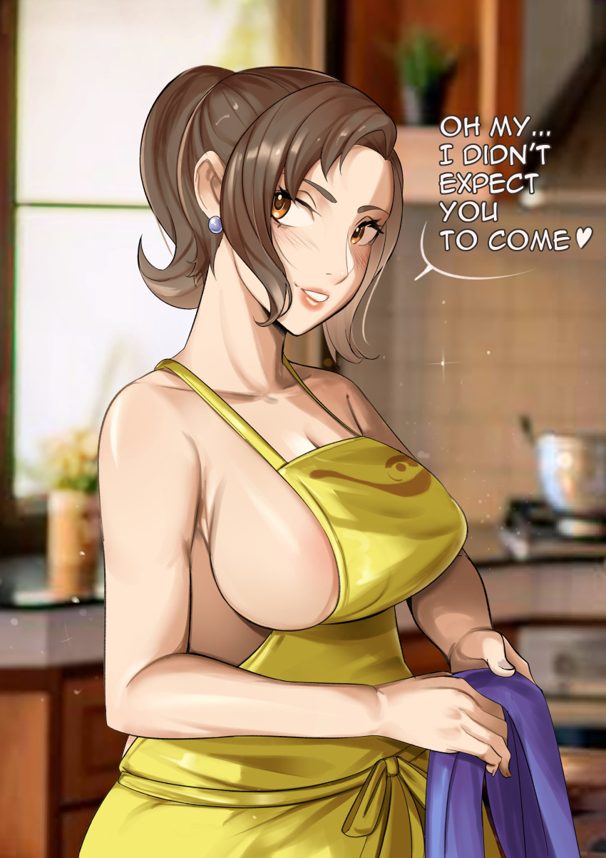 1girls apron apron_only big_breasts blush breasts brown_eyes brown_hair deliciousbra earrings english english_text female female_only game_freak hair huge_breasts mature mature_female mature_woman milf mother mother_(pokemon_sv) naked_apron pokemon pokemon_sv sideboob sideboobs smile solo solo_female text thick_lips yellow_apron