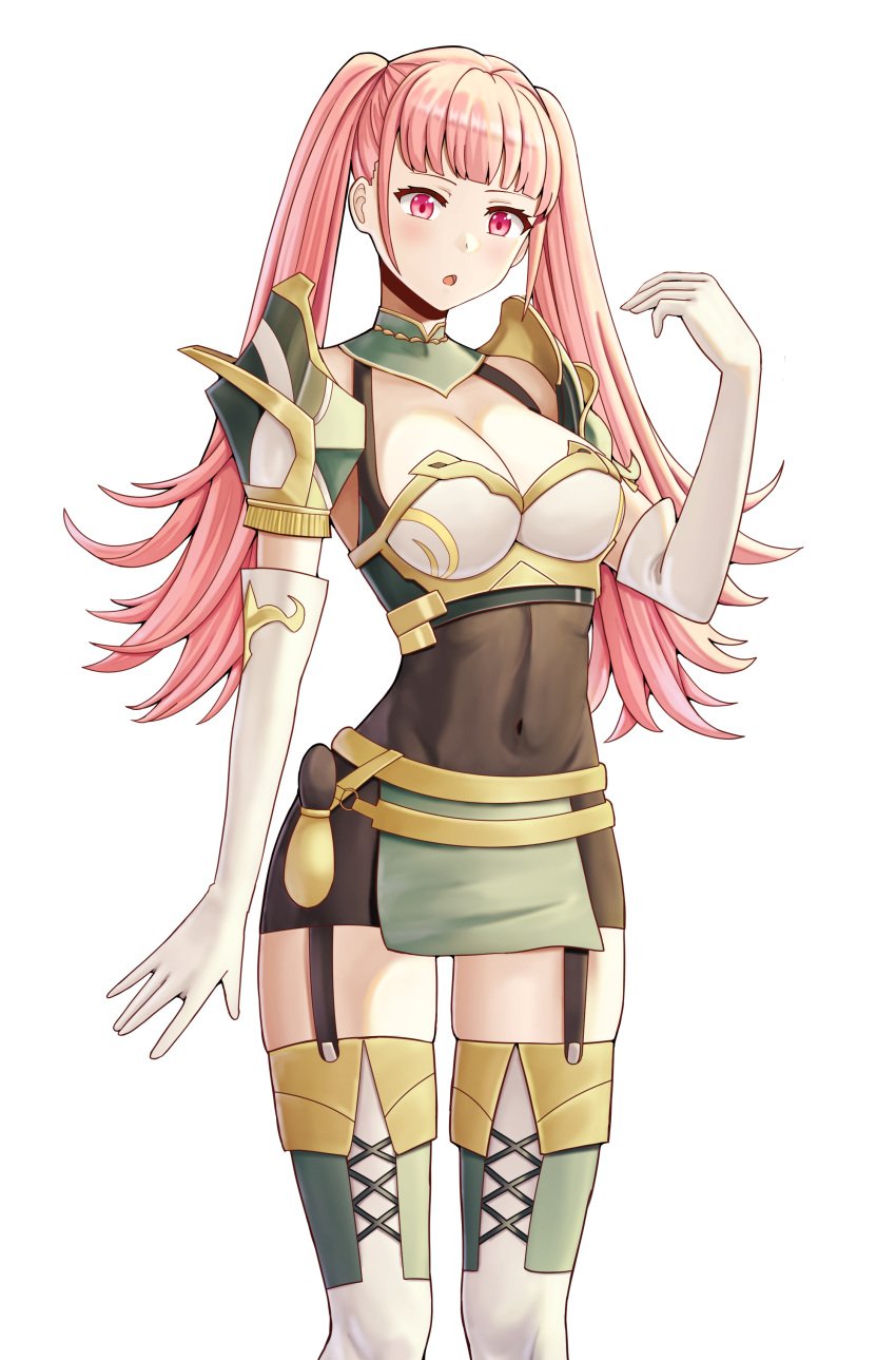 1girls :o absurdres armor bare_shoulders breastplate breasts chloe_(fire_emblem) chloe_(fire_emblem)_(cosplay) cleavage commission cosplay covered_navel elbow_gloves female female_only fire_emblem fire_emblem:_three_houses fire_emblem_engage garter_straps gloves highres hilda_valentine_goneril large_breasts long_hair long_legs nintendo pale_skin pegasus_knight_uniform_(fire_emblem) pink_eyes pink_hair saikunartworks shoulder_armor simple_background skin_tight slender_legs solo thighs twintails white_background white_gloves zettai_ryouiki