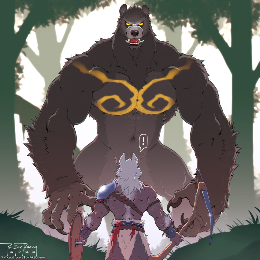 1:1 2022 alpha_male anthro armor beefy biped bodily_fluids bonfiredemon bracers brown_body brown_fur canid canine canis claws convenient_censorship daddy digital_media_(artwork) duo elden_ring exclamation_point fangs finger_claws forest forest_background fromsoftware fur hi_res larger_anthro larger_male male male_only mammal manly markings melee_weapon muscular muscular_anthro muscular_male nature nature_background navel outside pauldron plant polearm runebear scythe shield size_difference smaller_anthro smaller_male sweat tarnished tough_guy tree ursid video_games weapon wolf yellow_body yellow_eyes yellow_fur yellow_markings