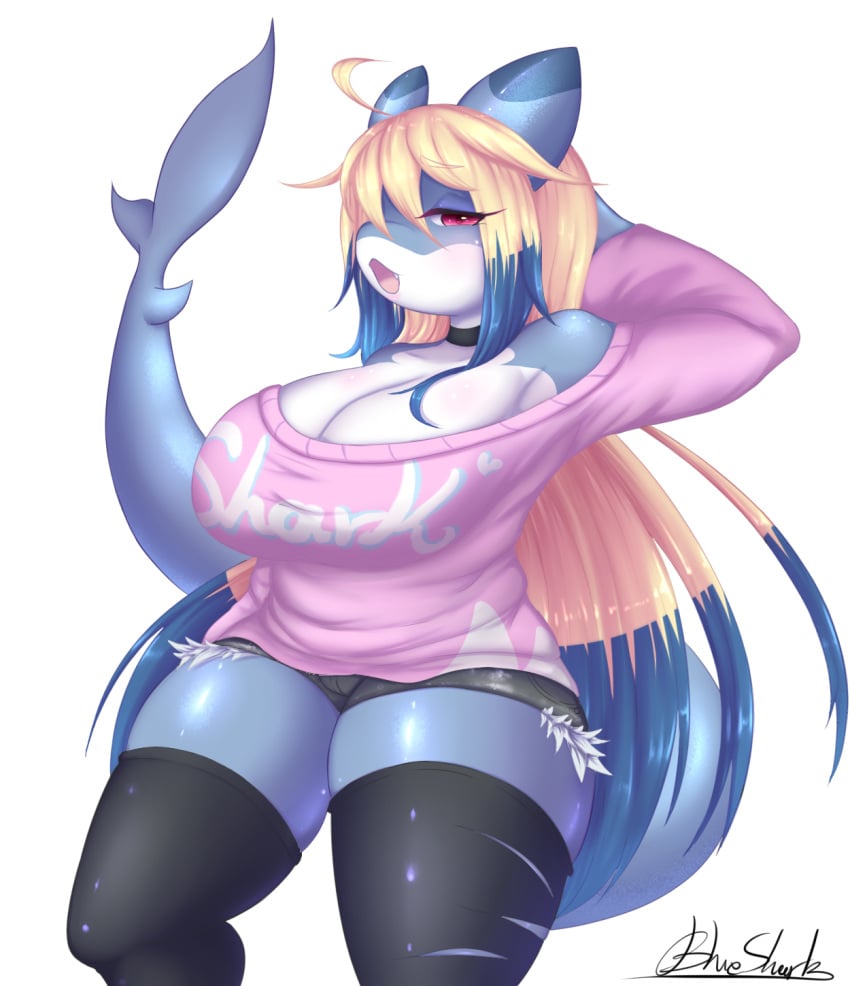 anthro big_breasts blueshark blush breasts clothed clothing female fish genitals hair hi_res looking_at_viewer marine non-mammal_breasts pussy shark simple_background solo tail white_background