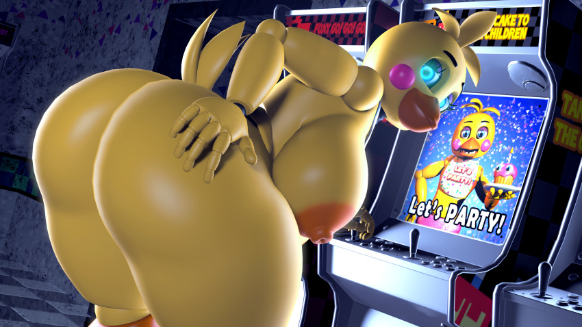 3d 3d_(artwork) animatronic arcade arcade_machine avian beak big_ass big_breasts blue_eyes chicken five_nights_at_freddy's five_nights_at_freddy's_2 gaming glowing_eyes hand_on_ass huge_ass huge_breasts large_ass large_breasts lewdwithlogan looking_at_viewer looking_back orange_nipples playing_videogame presenting presenting_hindquarters robot rosy_cheeks showing_off source_filmmaker tail toy_chica_(fnaf) yellow_body yellow_skin