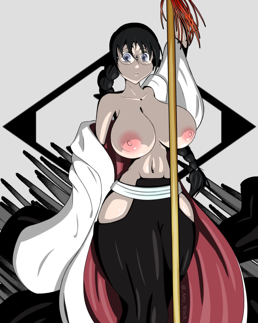 1girls areola areolae artywitch black_hair bleach bleach:_the_thousand-year_blood_war braid breasts breasts_bigger_than_head breasts_out breasts_outside clothing female female_only glasses glasses_captain hakama haori hip_vent huge_breasts katori_batsu'unsai nipples ponytail round_glasses solo thick_thighs weapon wide_hips