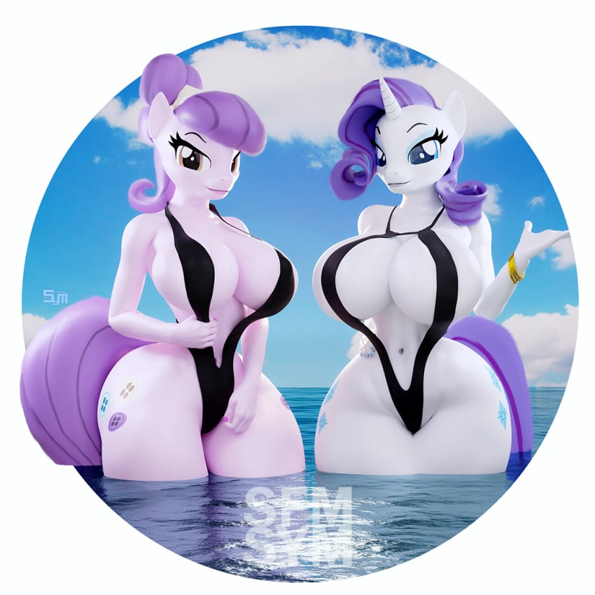 2girls anthro bikini duo duo_female female female_only friendship_is_magic huge_breasts my_little_pony outdoors outside rarity_(mlp) sling_bikini suri_polomare_(mlp) swimsuit symm tail thick_thighs water wide_hips