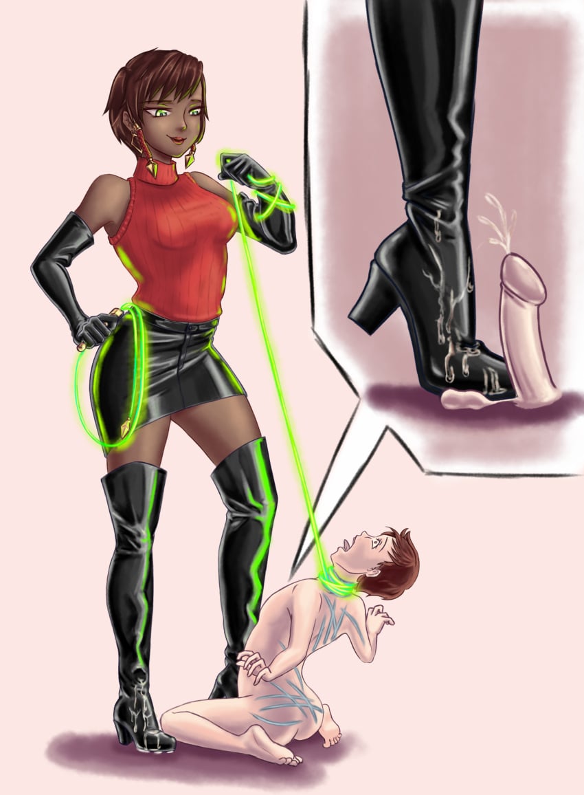 alternate_costume aroused_smile ball_crushing ballbusting black_boots black_skirt bootjob boots cbt choke_hold cock_and_ball_torture commission cum cum_on_boots cum_on_clothes domination dominatrix elbow_gloves energy_weapon femdom forced_ejaculation gloves hair_ornament karma_(league_of_legends) ktjk league_of_legends leather leather_boots leather_gloves magic_whip male/female malesub short_hair skirt stepping_on_balls sweater thigh_boots whip whip_marks