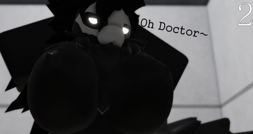 3d anthro arms_behind_head big big_breasts big_nipples black_fur changed_(video_game) female_puro furry glowing_eyes large_breasts large_tail long_hair messy_hair neck_tuft nipples nonalterna presenting_breasts puro_(changed) roblox robloxian seduction self_upload skull_mask