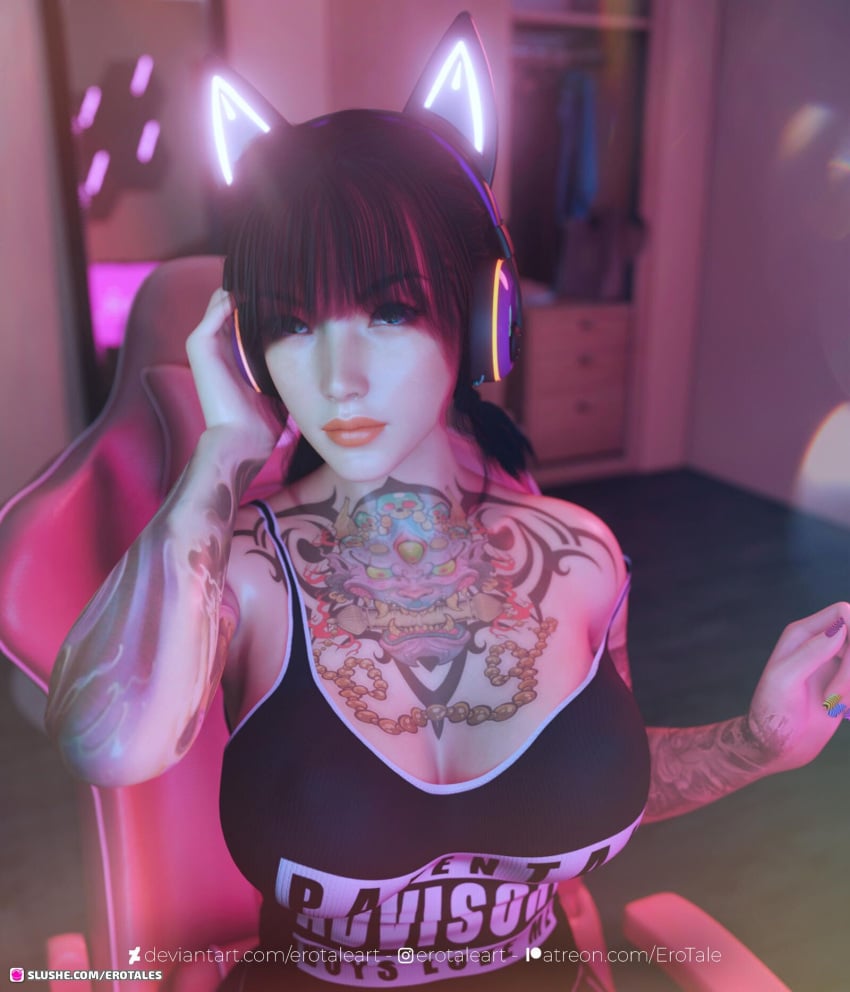 1girls 2022 3d arm_tattoo asian asian_female black_hair cat_ear_headphones chest_tattoo clothed clothing depth_of_field erotales female female_only glowing_headgear glowing_headphones headphones indoors large_breasts looking_at_viewer original_character seated sitting solo solo_female streaming tattoo tattoos xinyang_(erotales)