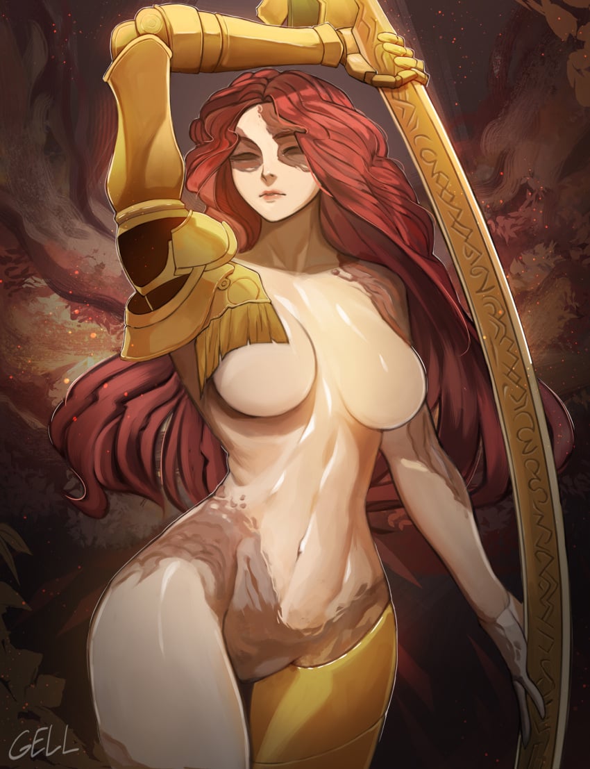 1girls big_breasts elden_ring empyrean female female_focus female_only fromsoftware gelldraws goddess long_hair malenia_blade_of_miquella nude nude_female prosthetic red_hair solo_focus sword weapon