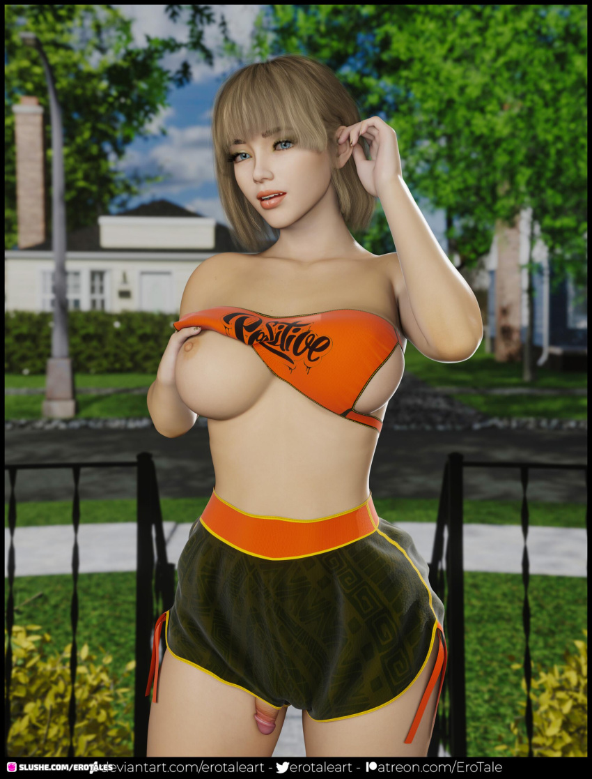 1futa 1girls 2022 3d amanda_(erotales) blue_eyes depth_of_field english_text erotales flaccid futa_only futanari large_breasts looking_at_viewer one_breast_out original_character outdoor outdoor_nudity outdoors outside solo solo_futa standing