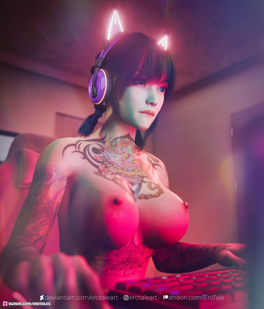 1girls 2022 3d arm_tattoo asian asian_female black_hair cat_ear_headphones chest_tattoo erotales female female_only glowing_headgear glowing_headphones headphones indoors large_breasts nude nude_female original_character seated short_hair sitting solo solo_female streamer streaming tattoo tattoos xinyang_(erotales)