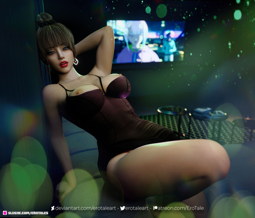 1girls 2022 3d amanda_(erotales) blue_eyes breasts_out brown_hair clothed clothing depth_of_field earrings erotales female female_only indoors lipstick looking_at_viewer no_bra one_arm_up original_character panties red_lipstick red_panties solo solo_female