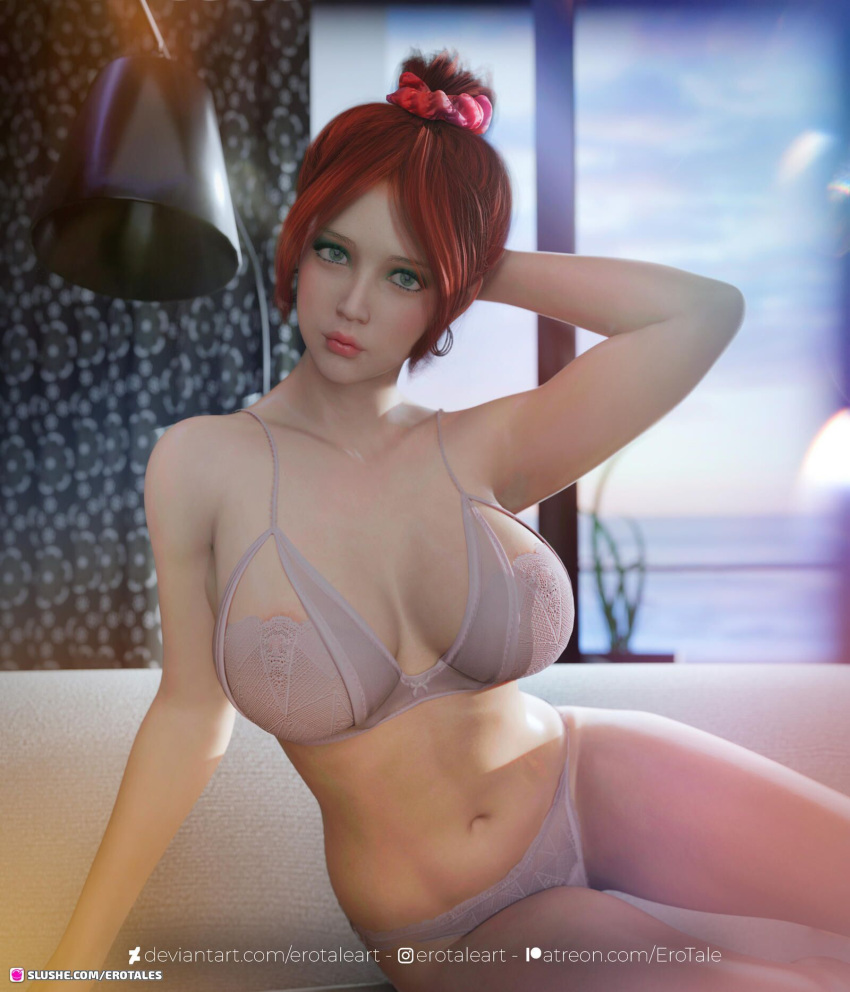 1girls 2022 3d blush bra claris_(erotales) depth_of_field earrings erotales female female_only indoors large_breasts lingerie one_arm_up original_character panties red_hair short_hair solo solo_female window