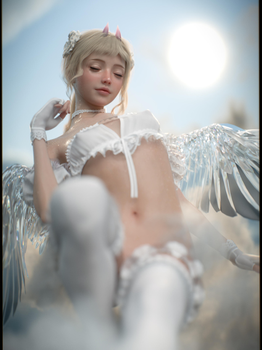 1girls 2022 3d angel blonde_hair blush depth_of_field female female_only shoelac3 small_breasts solo solo_female tagme wet wet_body wet_skin wings