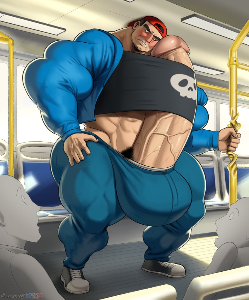 1boy abs anon backwards_baseball_cap baseball_cap biceps black_hair blush body_hair boner bulge bulge_through_clothing bus bus_interior dark_horse_comics erection facial_hair fully_clothed fully_clothed_male guzreuef hand_on_thigh hoodie human human_only hyper hyper_balls hyper_bulge hyper_genitalia hyper_muscles hyper_penis hyper_testicles jeans male male_focus male_only midriff muscular muscular_arms muscular_legs muscular_male muscular_thighs no_irises no_pupils onlookers pecs penis pete_dinunzio pubic_hair public public_indecency public_transportation scowl shoes sneakers solo sweatdrop t-shirt the_eltingville_club tight_clothing veins veiny_penis