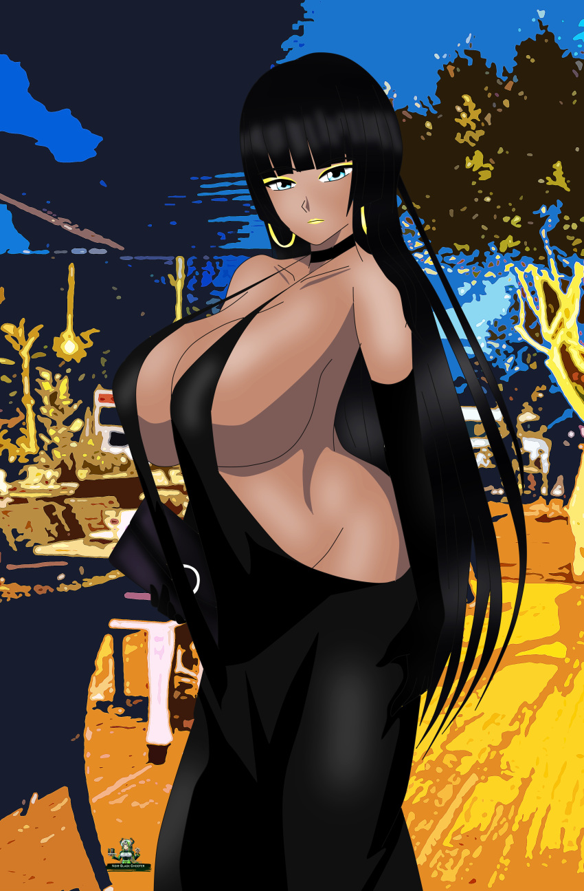 big_breasts black_hair blue_eyes dark-skinned_female dark_skin dress dress_lift egyptian egyptian_female gold_lipstick huge_breasts long_hair nepthys_himejima_(noir-black-shooter) no_bra no_panties noir-black-shooter oc original original_character