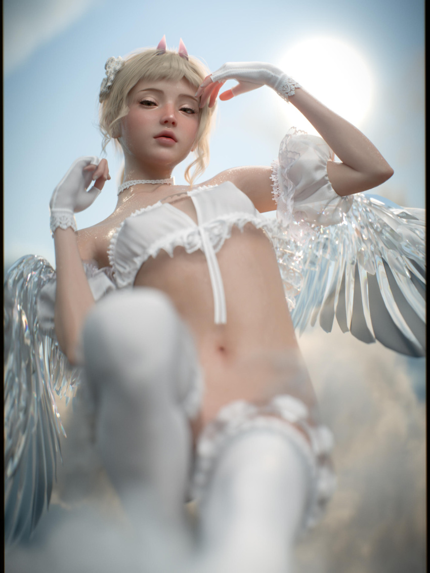 1girls 2022 3d angel blonde_hair blush depth_of_field female female_only shoelac3 small_breasts solo solo_female tagme wet wet_body wet_skin wings