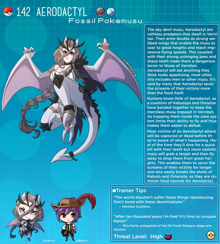 aerodactyl creature_index english_text female_focus hi_res kinkymation nintendo page_142 page_number pokémon_(species) pokemon pokemon-girl_encyclopedia pokemorph pokemusu profile tagme tail terrance_rainer_(kinkymation) text_box