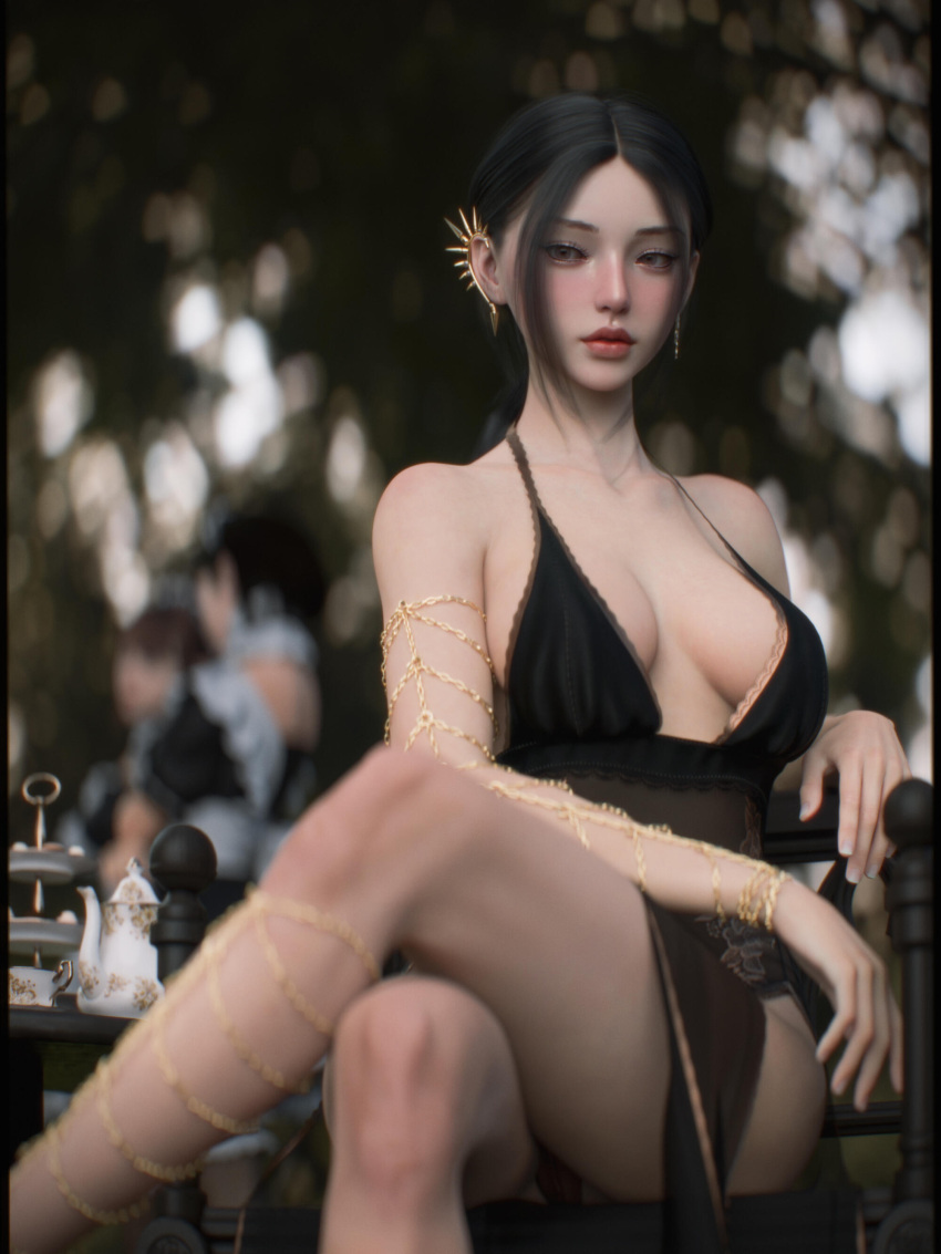 2022 3d 3girls asian asian_female black_hair blush breasts_apart brown_eyes clothed clothing depth_of_field female female_focus maid medium_breasts multiple_girls no_bra outdoor outdoors outside seated shoelac3 sitting solo_focus