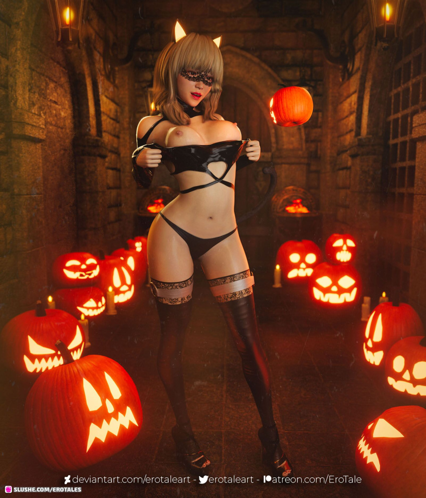 1girls 2022 3d asian asian_female black_panties black_thighhighs breasts_out costume cute depth_of_field erotales female female_only halloween high_heels indoors large_breasts lipstick mindy_(erotales) orange_hair original_character panties red_lipstick solo solo_female standing thighhighs undressing