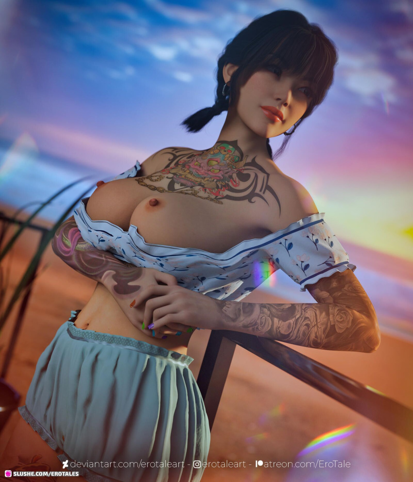 1girls 2022 3d arm_tattoo asian asian_female beach black_hair breasts_out chest_tattoo clothed clothing depth_of_field dutch_angle earrings erotales female female_only flower_tattoo large_breasts leg_tattoo original_character outdoor outdoor_nudity outdoors outside short_hair solo solo_female standing tattoo tattoos xinyang_(erotales)