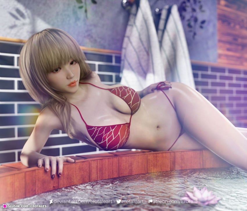 1girls 2022 3d asian asian_female bikini blonde_hair brown_eyes depth_of_field erotales female female_only indoors jacuzzi large_breasts looking_at_viewer mindy_(erotales) original_character red_bikini solo solo_female water wet wet_body wet_skin