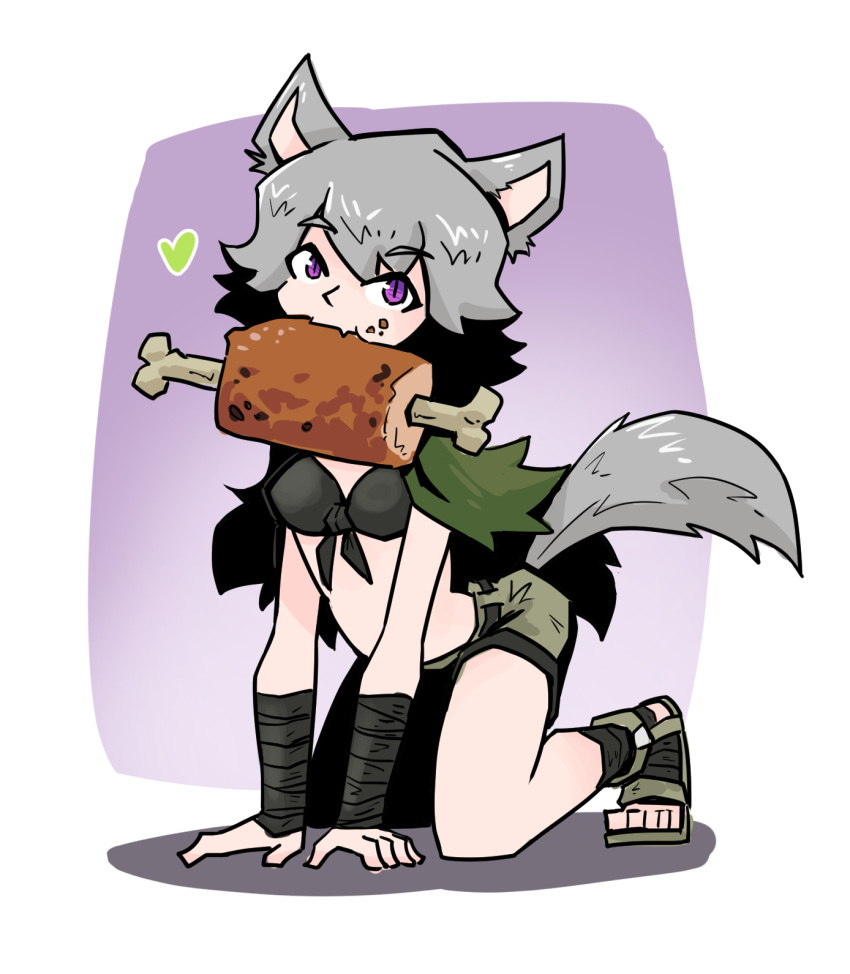 black_bra cape eating eating_food eating_meat first_sfw_of_character food food_in_mouth green_heart_(symbol) hands_on_floor high_quality juztplay kneeling leaf_clothing meat meatloaf munching no_shirt on_knees rogue_the_wolf_girl_(juztplay) safe_for_work sandals sfw shorts wolf wolf_ears wolf_girl wolf_humanoid wolf_tail