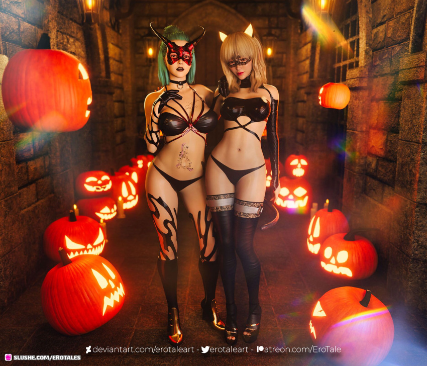 2022 2girls 3d asian asian_female black_lipstick black_panties chest_tattoo costume depth_of_field erotales female female_only halloween high_heels indoors large_breasts lipstick looking_at_viewer mindy_(erotales) multiple_girls navel_tattoo orange_hair original_character original_characters panties red_lipstick standing tattoo tattoos teal_hair thighhighs yunnie_(erotales)