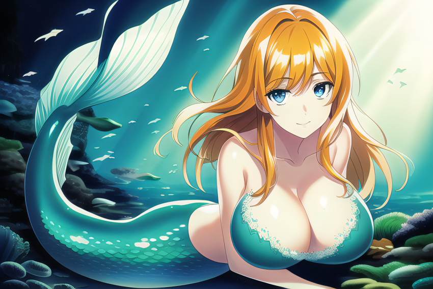 1girls ai_generated big_breasts blonde_hair blue_eyes cleavage dukester female female_only fish_girl fish_tail green_tail large_breasts mermaid mermaid_girl mermaid_position mermaid_tail nai_diffusion original scales seductive_look seductive_pose seductive_smile solo stable_diffusion underwater